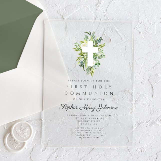 Invitations En Acrylique Elégante Croix Botanique Verte Première Communion (Elegant Green Botanical Cross First Communion Acrylic Invitations)