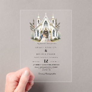 Invitations En Acrylique Elégante Eglise aquarelle Lieu Manoir Mariage