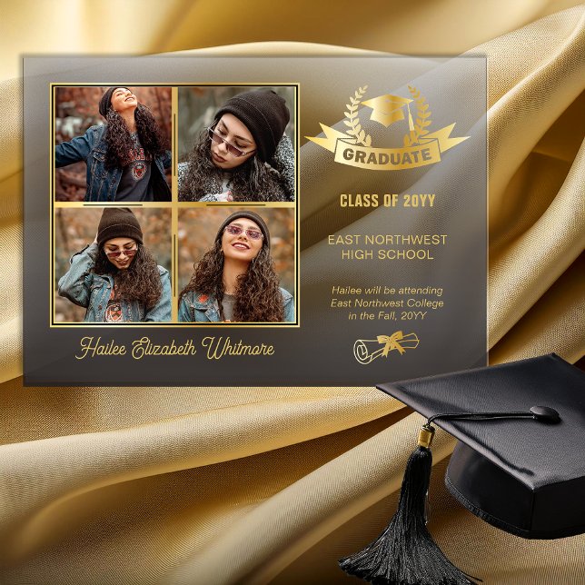 Invitations En Acrylique Elégante façade noire à quatre photos | Diplôme d' (Elegant Four Photo Black Fade Gold Tone Graduation Acrylic Announcement)