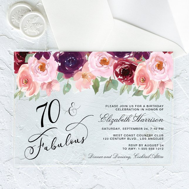 Invitations En Acrylique Élégante fête d'anniversaire Floral Bourgogne rose (Créateur téléchargé)