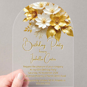 Invitations En Acrylique Élégante fête d'anniversaire Or Fleurs blanches fl