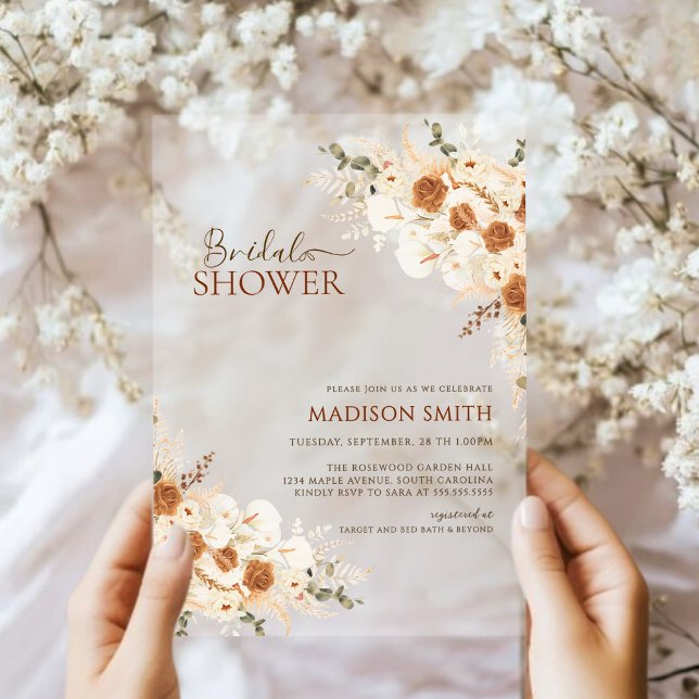Invitations En Acrylique Élégante Fête de Mariage avec Code QR Floral en Te (Créateur téléchargé)