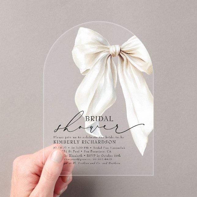 Invitations En Acrylique Elégante Fête des mariées blanche Bow Crème chic (In situ (ordinateur de poche))