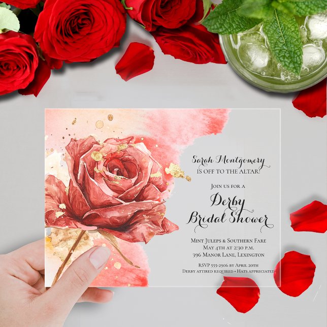 Invitations En Acrylique Élégante Fête des mariées de Derby à Rose Rouge (Elegant watercolor red rose Derby-themed bridal shower clear acrylic invitations)