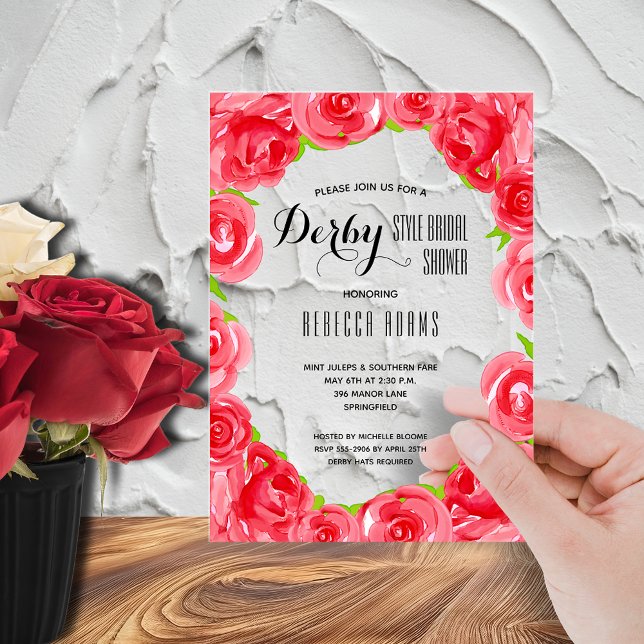 Invitations En Acrylique Elégante Fête des mariées de Derby Roses Rouges (Off to the altar Derby bridal shower acrylic invitations - order clear or frosted)