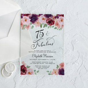 Invitations En Acrylique Élégante fête florale 75e anniversaire