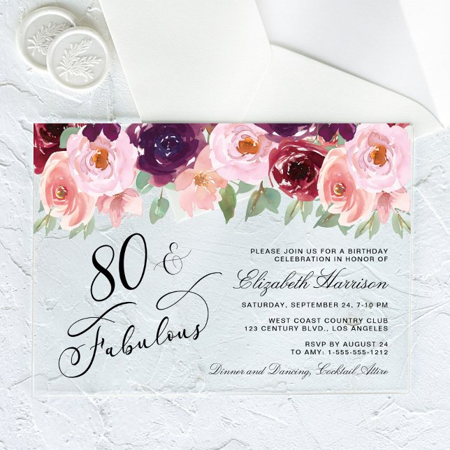 Invitations En Acrylique Elégante fête florale Bourgogne rose 80e anniversa (Créateur téléchargé)