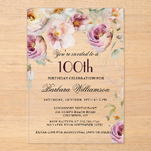 Invitations En Acrylique Élégante fête florale rose 100e anniversaire