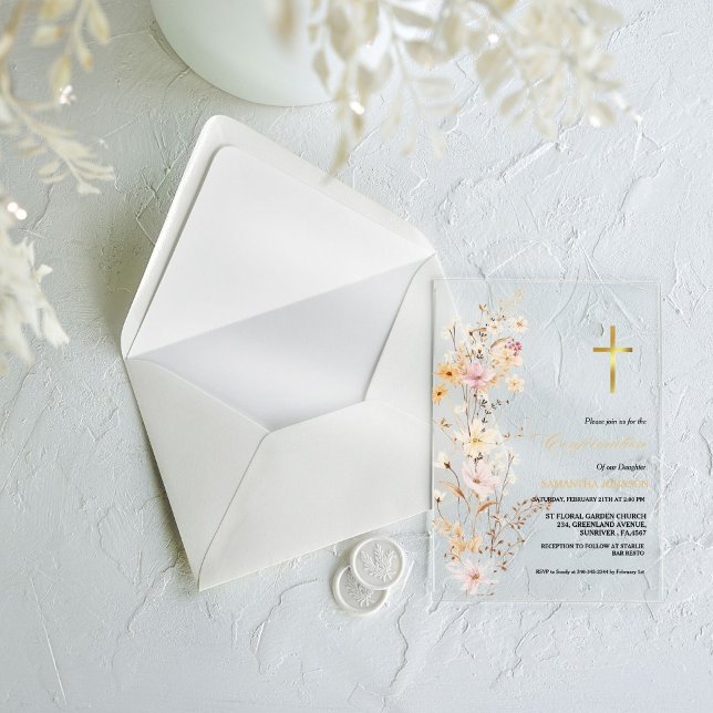 Invitations En Acrylique Élégante fille Fleur sauvage première sainte commu (Créateur téléchargé)