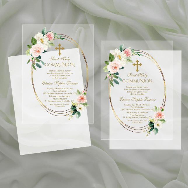 Invitations En Acrylique Elégante Fleurs de Blush Gold Première Communion S (Créateur téléchargé)