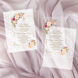 Invitations En Acrylique Élégante Fleurs roses Gold Girl Holy Communion