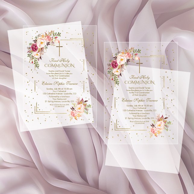 Invitations En Acrylique Élégante Fleurs roses Gold Girl Holy Communion (Créateur téléchargé)