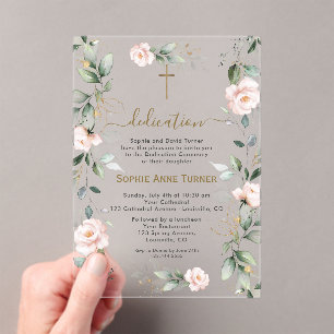 Invitations En Acrylique Élégante Fleurs Roses Verdure Or Dedication