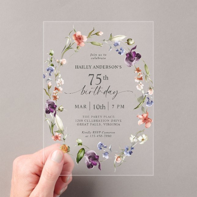 Invitations En Acrylique Élégante Florale féminine Fleur sauvage 75e annive (In situ (ordinateur de poche))