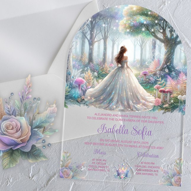 Invitations En Acrylique Élégante forêt de contes de Fairytale Quinceañera (Elegant fairytale enchanted forest acrylic Quinceaneara invite. Simply add your details. Any event.)