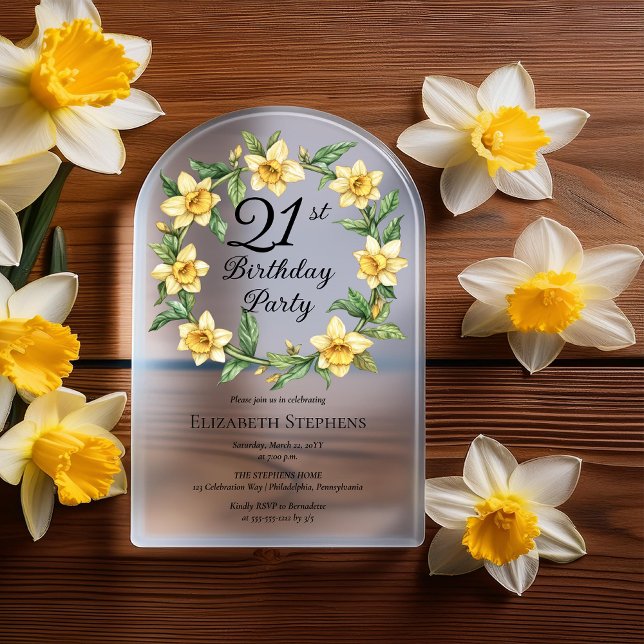 Invitations En Acrylique Élégante jonquille jaune Floral 21e anniversaire (Elegant Yellow Daffodils Floral 21st Birthday Party Acrylic Invitation)