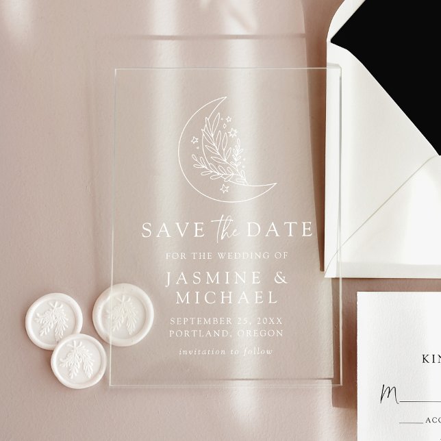Invitations En Acrylique Élégante Lune botanique et étoiles Enregistrer la  (Créateur téléchargé)