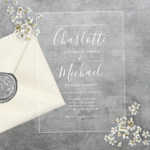 Invitations En Acrylique Élégante Mariage Moderne Écriture Blanche Signatur