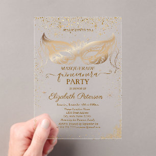 Invitations En Acrylique Elégante Masque Etoiles Confetti Quinceañera