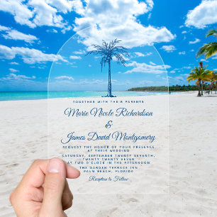 Invitations En Acrylique Elégante Palme Bleue Plage Formelle Mariage
