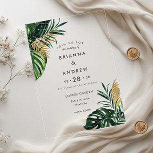 Invitations En Acrylique Elégante, Palme Verte, Bordure Or (Imitation)