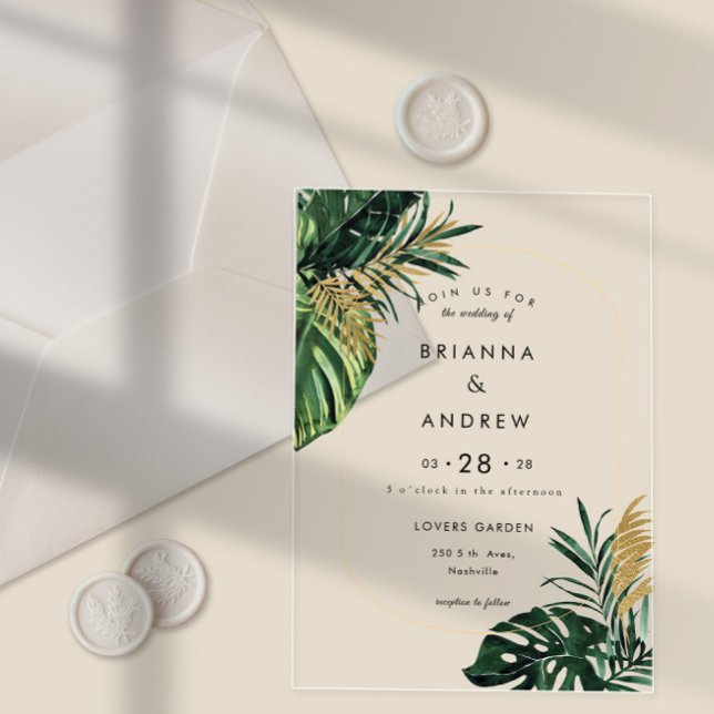 Invitations En Acrylique Elégante, Palme Verte, Bordure Or (Imitation) (Elegant, Green Palm, Gold (Imitation) Border Wedding Acrylic Invitations)