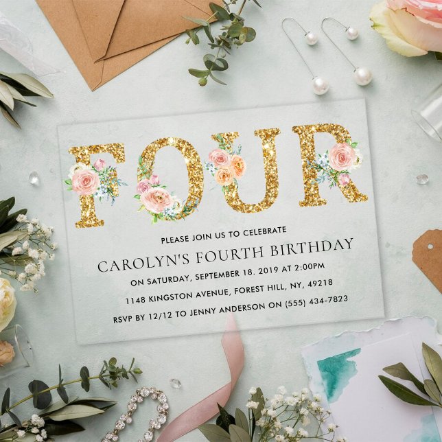 Invitations En Acrylique Elégante Parties scintillant d'or floral QUATRE 4e (Créateur téléchargé)