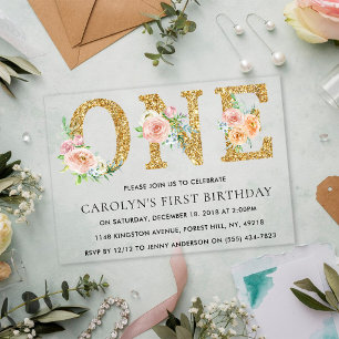 Invitations En Acrylique Elégante Parties scintillant d'or floral UN 1er an