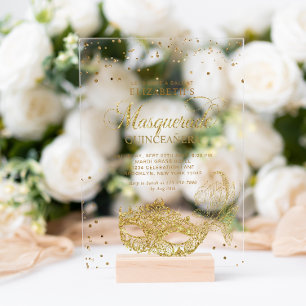 Invitations En Acrylique Elégante Parties scintillant d'or Masquerade Quinc