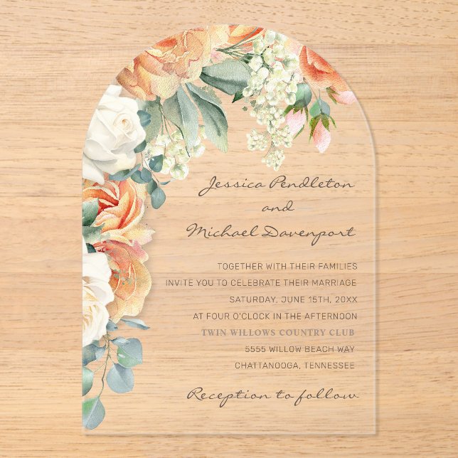Invitations En Acrylique Elégante Pêche Blanc Floral Eucalyptus Mariage Arc (Recto)