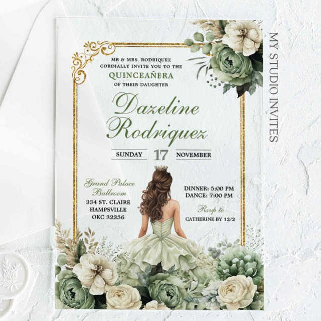 Invitations En Acrylique Elégante Princesse Sage Green Floral Quinceañera (Créateur téléchargé)