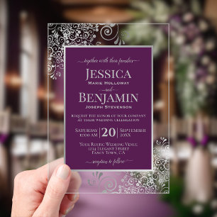 Invitations En Acrylique Élégante prune pourpre et argent mariage texte élé