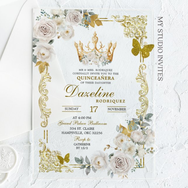 Invitations En Acrylique Elégante Quinceanera de couronne d'ivoire d'or bla (Créateur téléchargé)