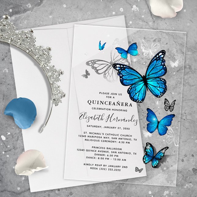 Invitations En Acrylique Elégante Quinceanera en argent et papillon bleu (Elegant blue butterfly acrylic quinceanera invitations that will bring your fairy tale to life!)
