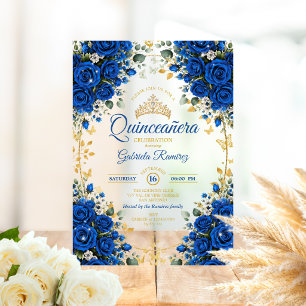 Invitations En Acrylique Élégante Quinceañera Fleurs Bleu Royal Dorées