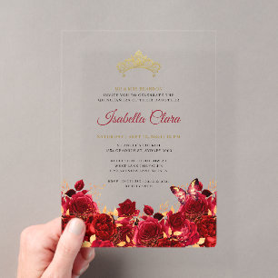Invitations En Acrylique Elégante Quinceanera Florale Rouge Or