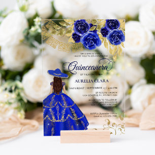 Invitations En Acrylique Elégante Quinceañera Mexicaine Bleu Royal Floral