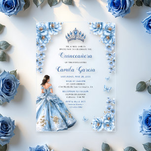 Invitations En Acrylique Élégante Quinceañera Princesse Fleurie Bleu Poussi
