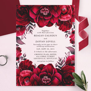 Invitations En Acrylique Élégante robe de mariée florale rouge cramoisi rom