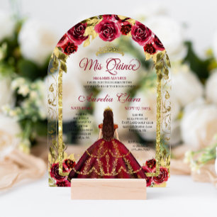 Invitations En Acrylique Elégante robe de princesse florale rouge Quinceane