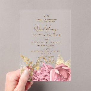 Invitations En Acrylique Élégante rose florale mariage poussiéreux rose dor