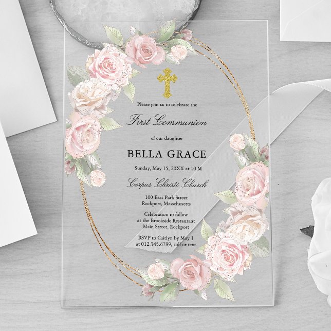 Invitations En Acrylique Élégante Rose Rose Floral Première communion (Créateur téléchargé)