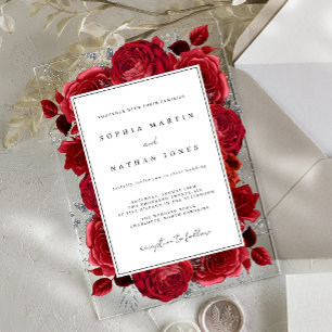 Invitations En Acrylique Élégante Rose Rouge Et Argent Clair Mariage