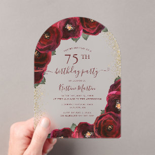 Invitations En Acrylique Élégante Rose rouge Floral Arch 75e fête d'anniver