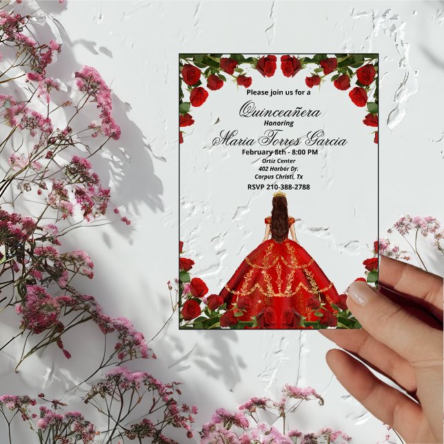 Invitations En Acrylique Elégante Roses rouges et Gown Quinceañera (Créateur téléchargé)