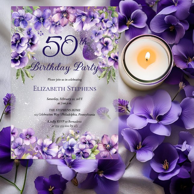 Invitations En Acrylique Élégante Violette violette Florale 50e fête d'anni (Elegant Purple Violets Floral 50th Birthday Party Acrylic Invitations)