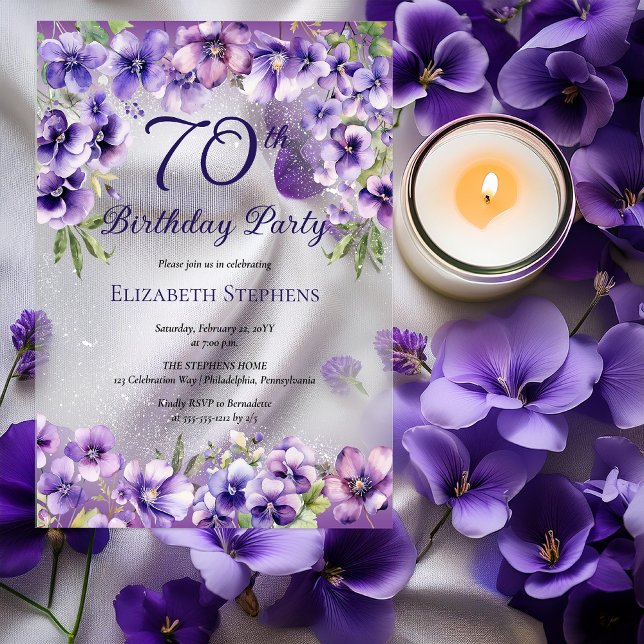 Invitations En Acrylique Élégante Violette violette Florale 70e fête d'anni (Elegant Purple Violets Floral 70th Birthday Party Acrylic Invitations)