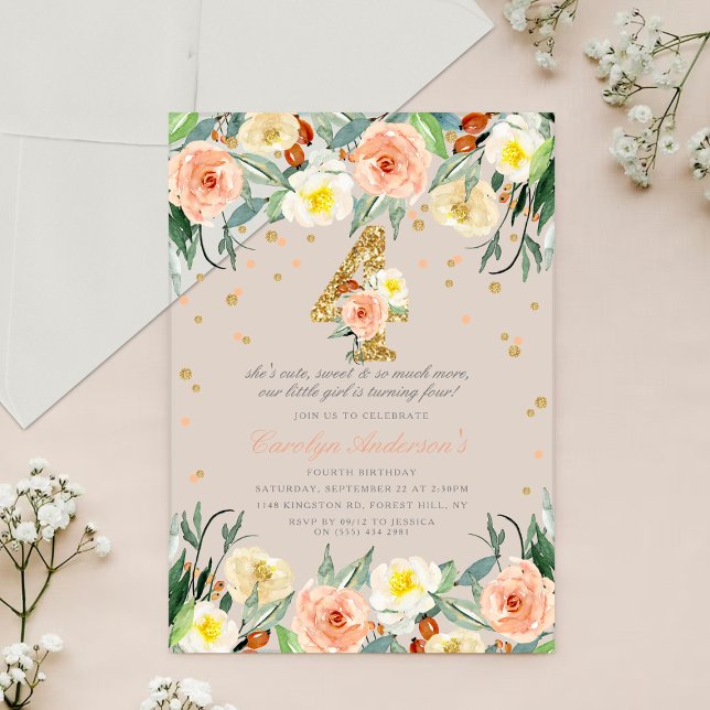 Invitations En Acrylique Élégantes filles florales 4e anniversaire (Créateur téléchargé)