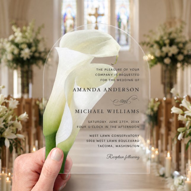 Invitations En Acrylique Élégantes Fleurs de Mariage de Lys Calla Blancs (Créateur téléchargé)