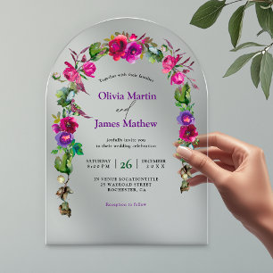 Invitations En Acrylique Élégantes fleurs roses violettes de mariage de pri